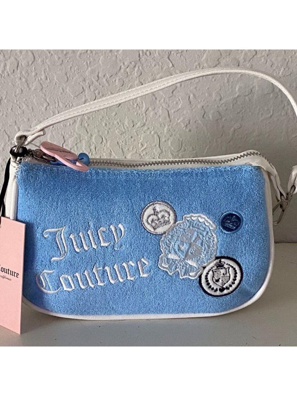 Juicy Couture Juicy Girl Rule Wristlet Bag Blue Gleam Terry‎ Cloth Logo Patches